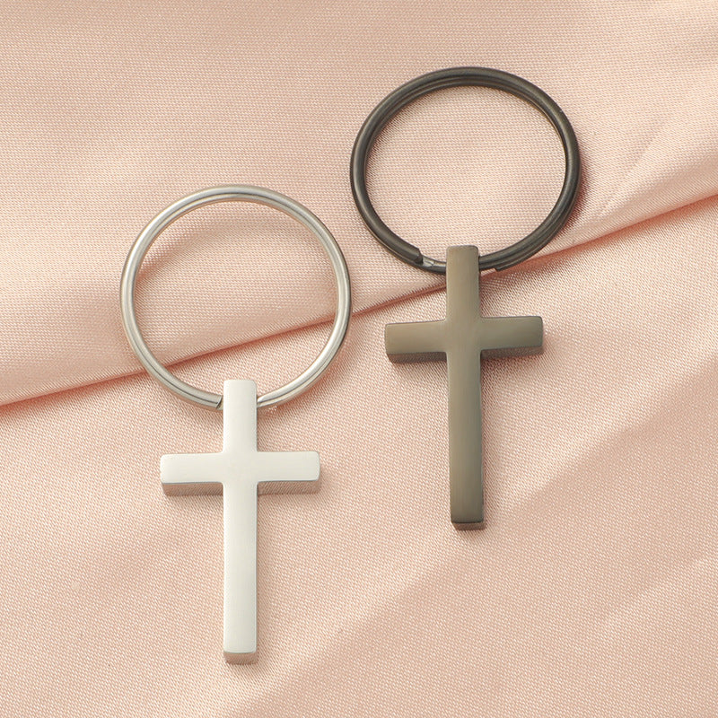 Stainless Steel Cross Keychain Minimalist Polished Silver and Black 3