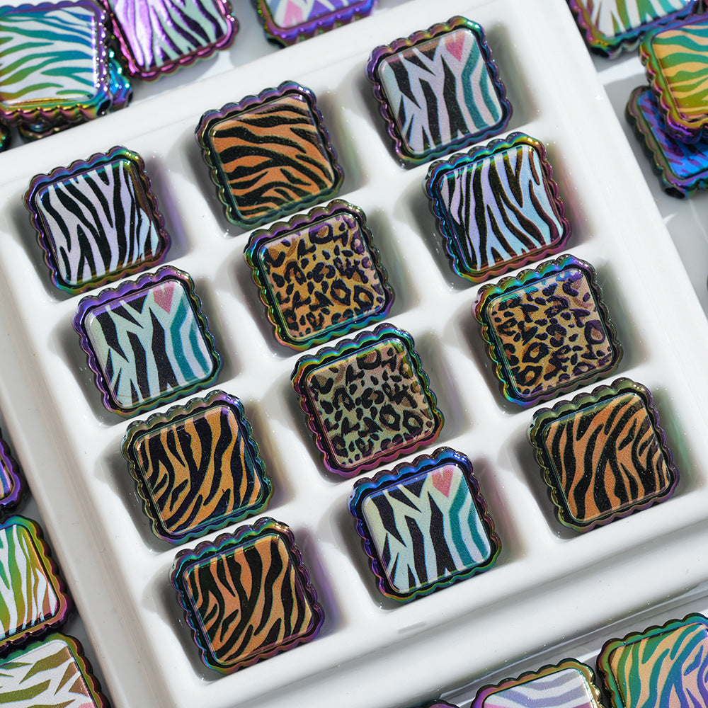Plating Square Acrylic Beads 18mm Leopard Lace Pattern 10pcs 2