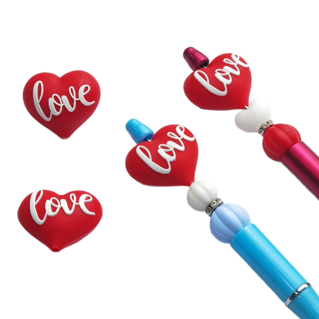 Silicone 3D Focal Beads Valentine Love Red Heart Script Front Facing 20pcs 2