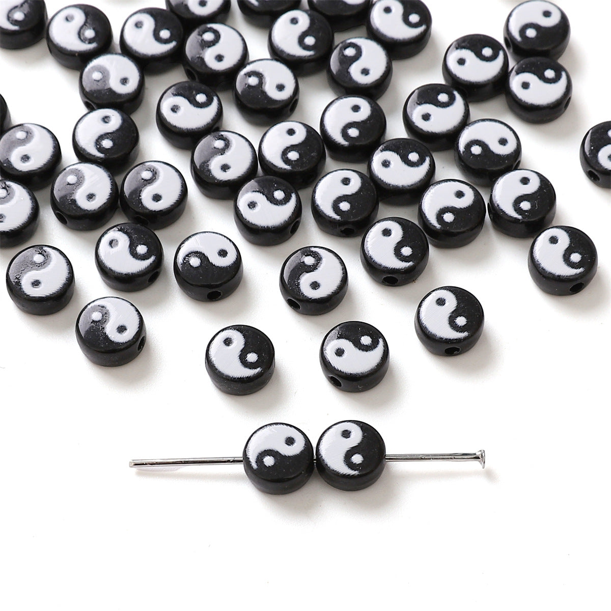 Tai Chi Flat Acrylic Beads 7-13mm Black White Color Printing 5pcs 8
