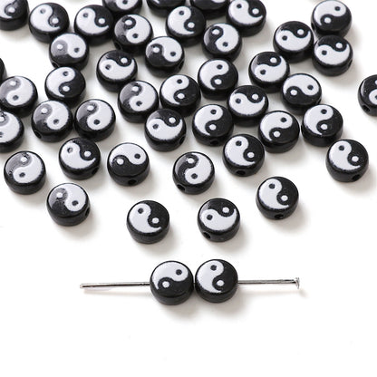 Tai Chi Flat Acrylic Beads 7-13mm Black White Color Printing 5pcs 8