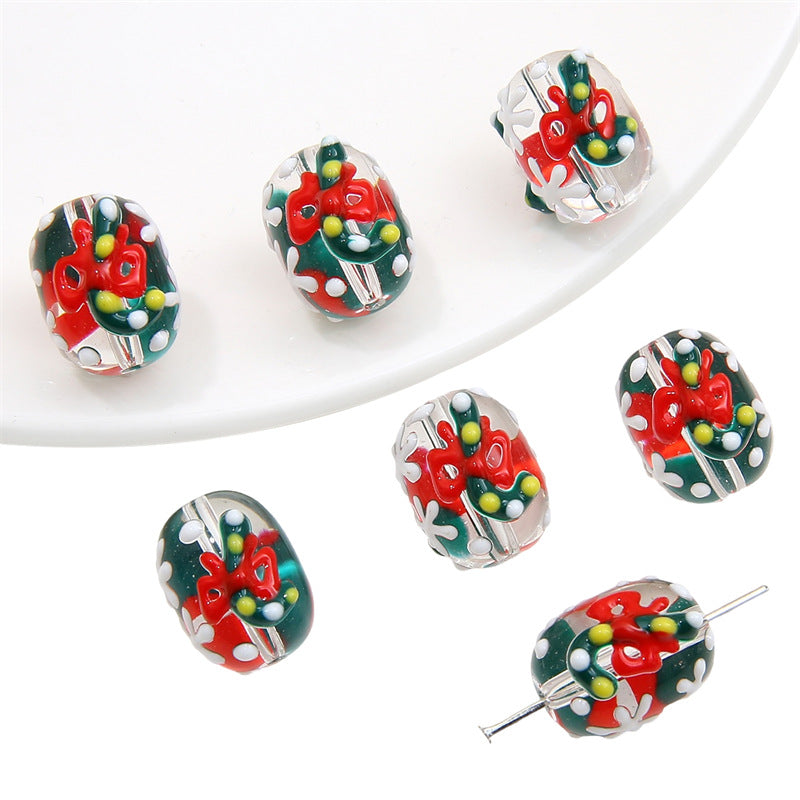 Lampwork Glass Beads Hand Painted Christmas Theme Enamel 2pcs 18