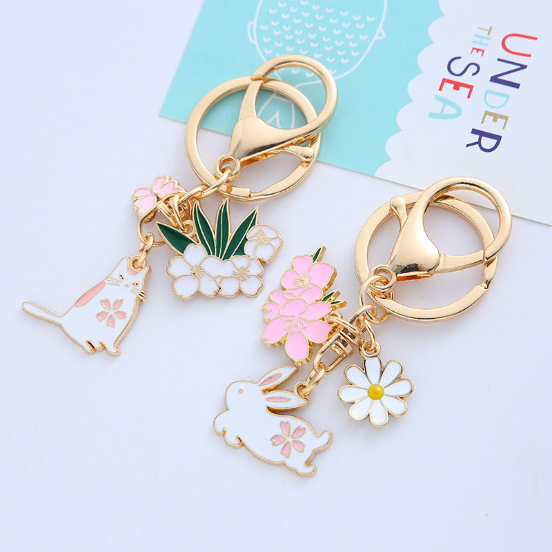 Metal Cherry Blossom Rabbit and Cat Keychain Gold Floral Design 2