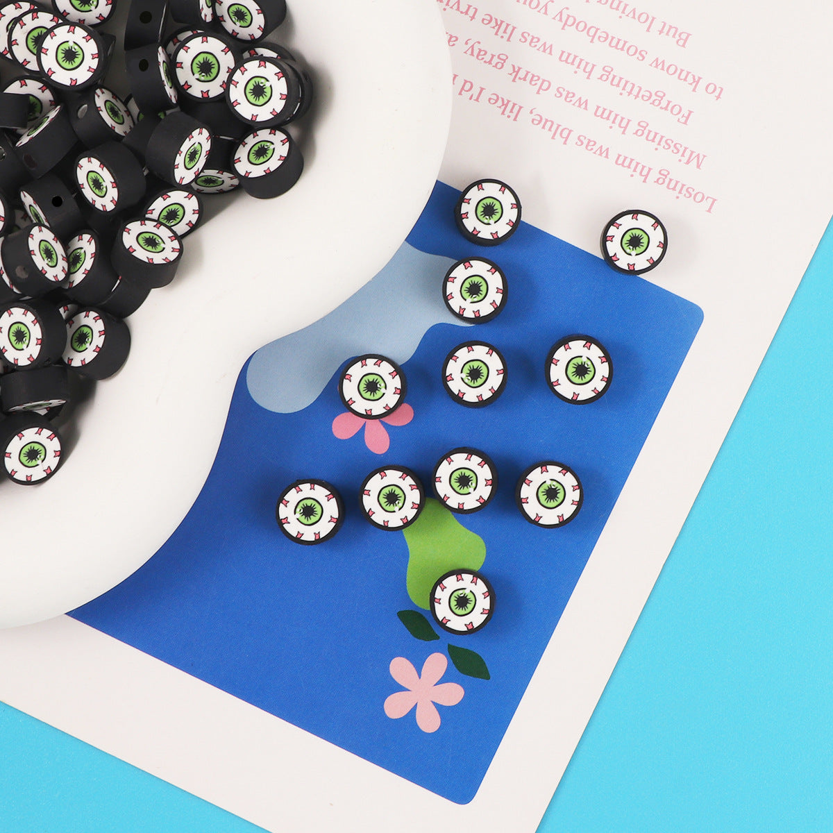 Halloween Flat Clay Beads 10mm Green Eyeball Design 100pcs 2