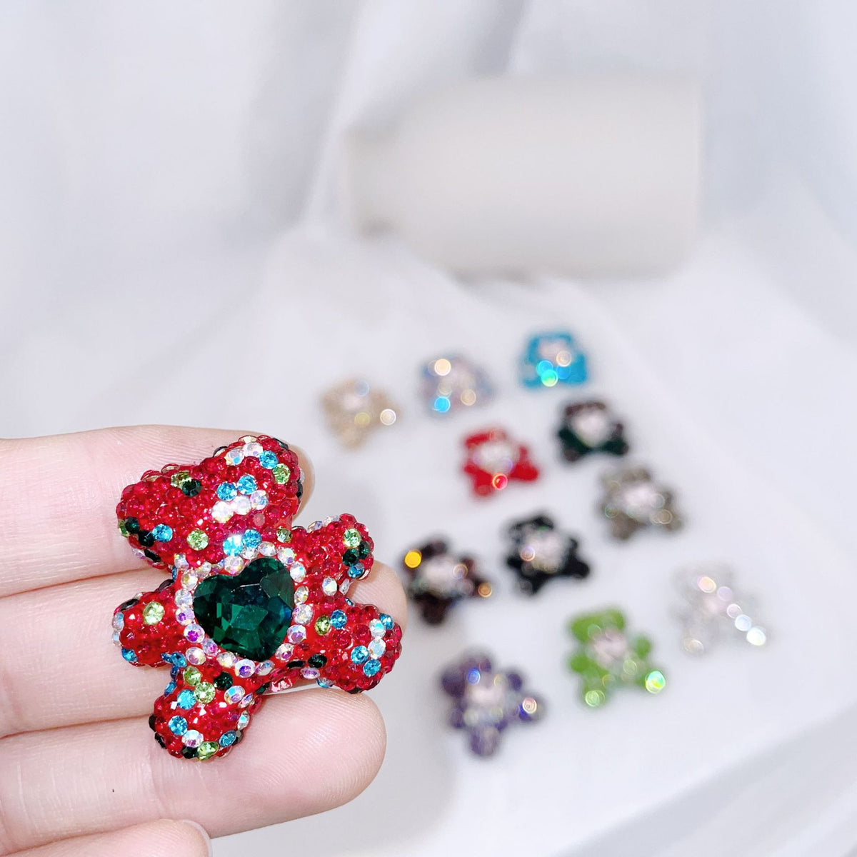 Polymer Clay Heart Rhinestone Beads Christmas Tone 6pcs 8