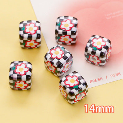 Plaid Sunflower Square Acrylic Beads 14mm Colorful Floral 10pcs 7