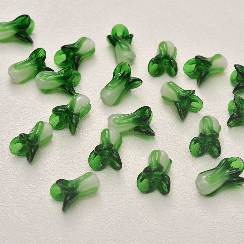 Lampwork Glass Beads 3D Bok Choy Shape Glossy Green White 20pcs 4