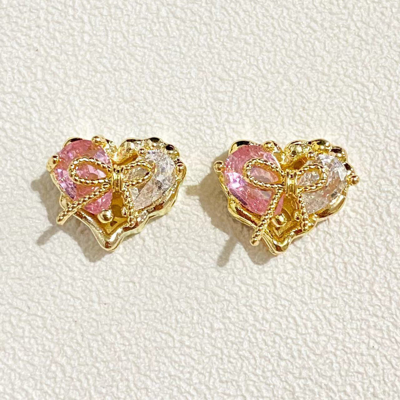 Brass Heart Metal Beads 12x10mm Zirconia Embeded Bow 5pcs 3