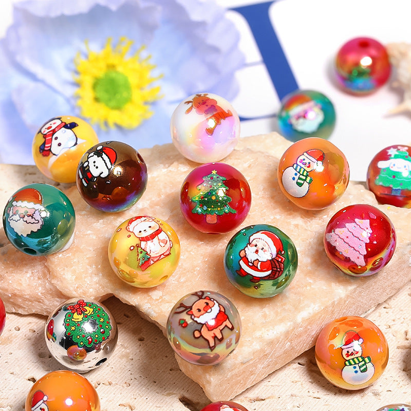 Plating Cartoon Acrylic Beads 16mm Santa Claus Reindeer Printed 50pcs