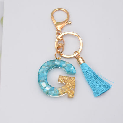 Blue Resin Tassel Monogram Keychain with Gold Flake Accent 35