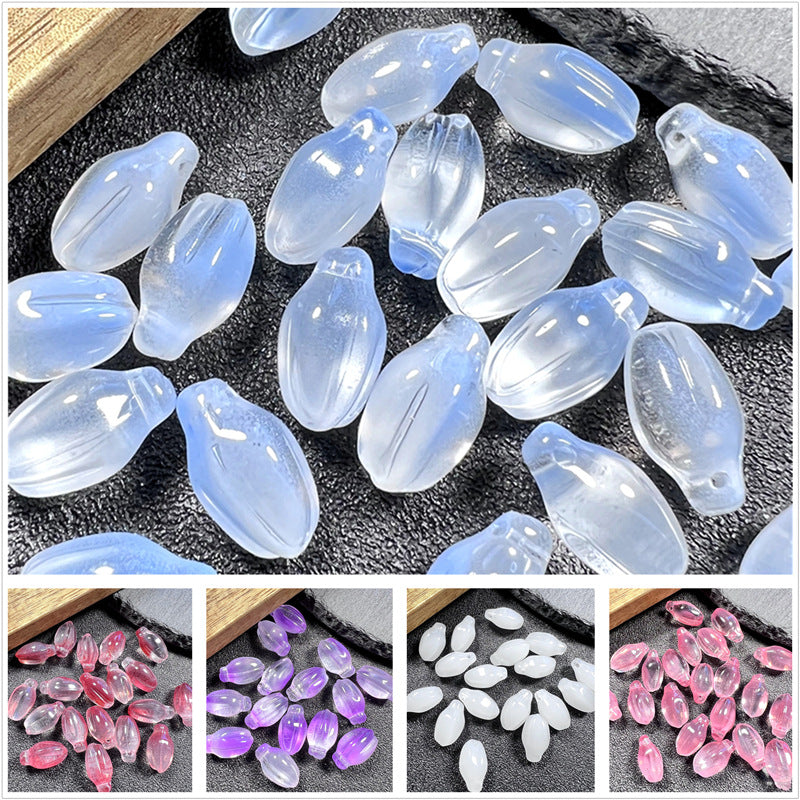 Czech Glass Beads Small Flower Bud 15mm Imitation White Jade 50pcs