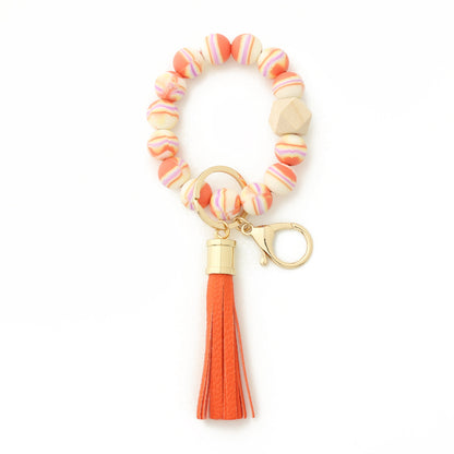 Silicone Bead Bracelet Wrist Keychain Marbled Beech Wood Tassel 7