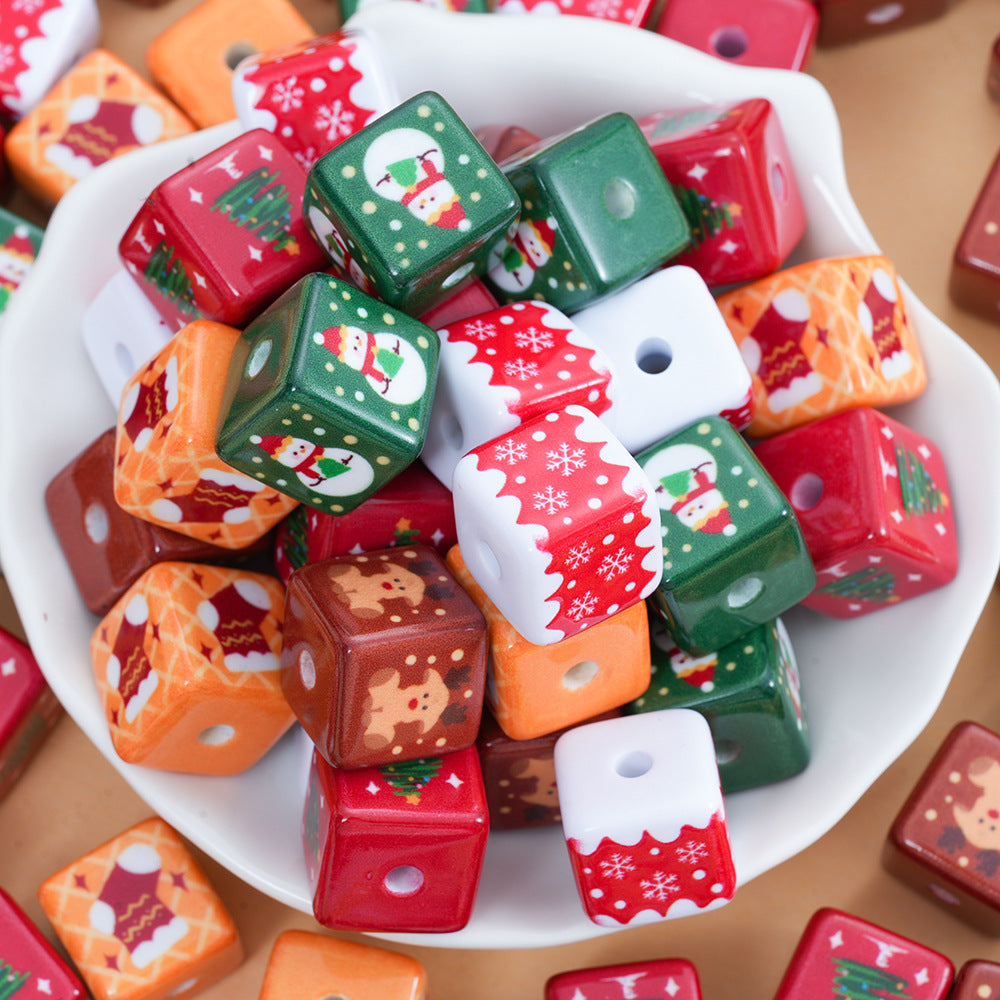 Baking Painted Christmas Square Acrylic Beads 15mm 10pcs 4