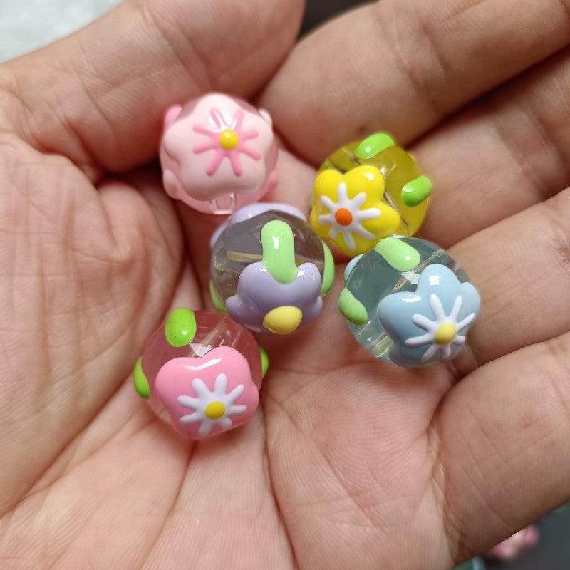 Hand Painted Flower Acrylic Beads 16mm Transparent Round 100pcs 6