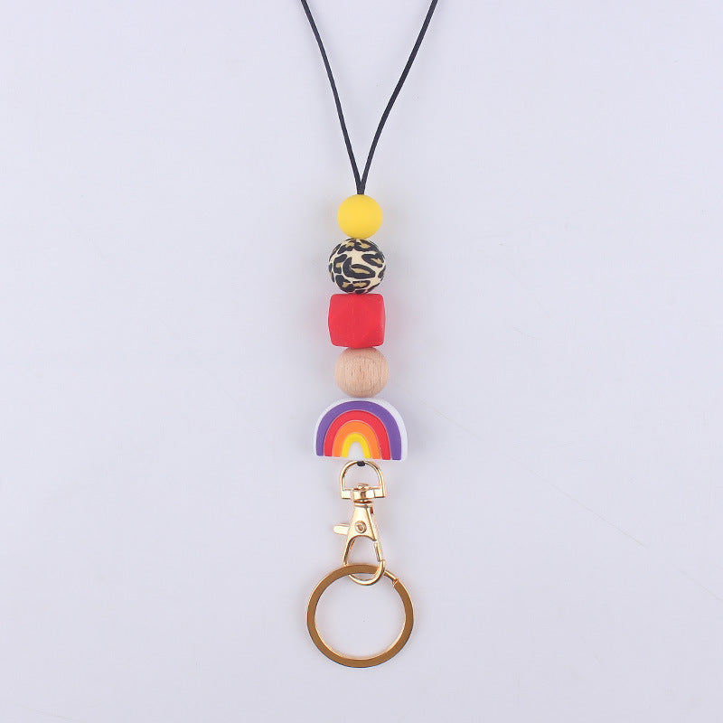 Silicone Rainbow Beaded Keychain Necklace with Leopard Print Accent 9
