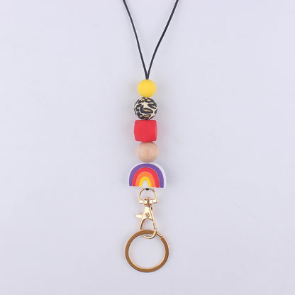 Silicone Rainbow Beaded Keychain Necklace with Leopard Print Accent 9
