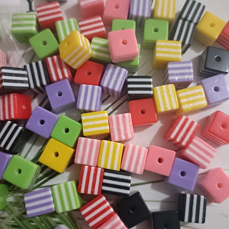 Striped Cylinder Cube Resin Beads 8-10mm Glossy Rainbow Colors 200pcs 7