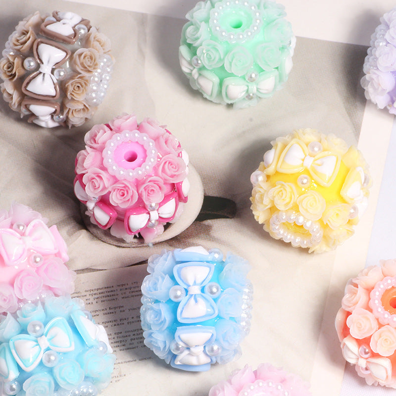 Floral Bubblegum Beads 20mm Bow Rose Cluster Polymer Clay 5pcs 2