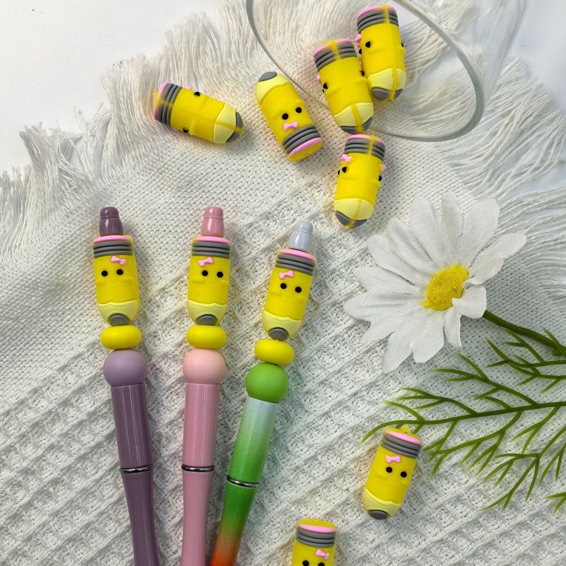 Silicone 3D Focal Beads Pencil Smiling Face With Pink Bow 20pcs 2