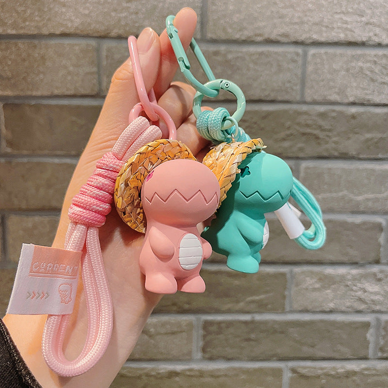 Cartoon Resin Dinosaur Keychain with Straw Hat Pastel Colors