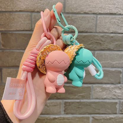 Cartoon Resin Dinosaur Keychain with Straw Hat Pastel Colors