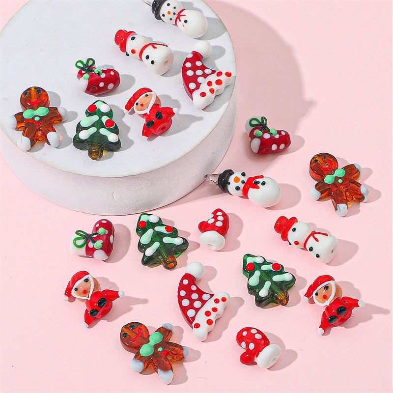 Lampwork Glass Beads Hand Painted Christmas Theme Enamel 2pcs 3