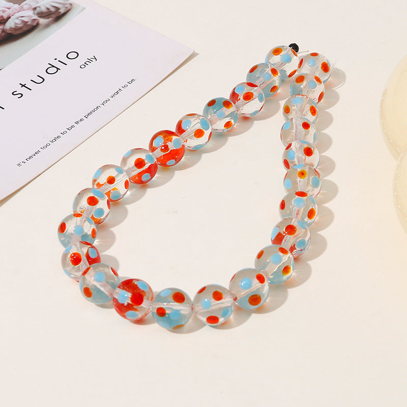 Lampwork Glass Beads Round 12mm Hand Painted Transparent Polka Dot 10pcs 9