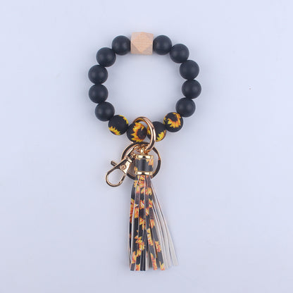 PU Leather Tassel Silicone Bead Wristlet Keychain Colorful Animal Print 8