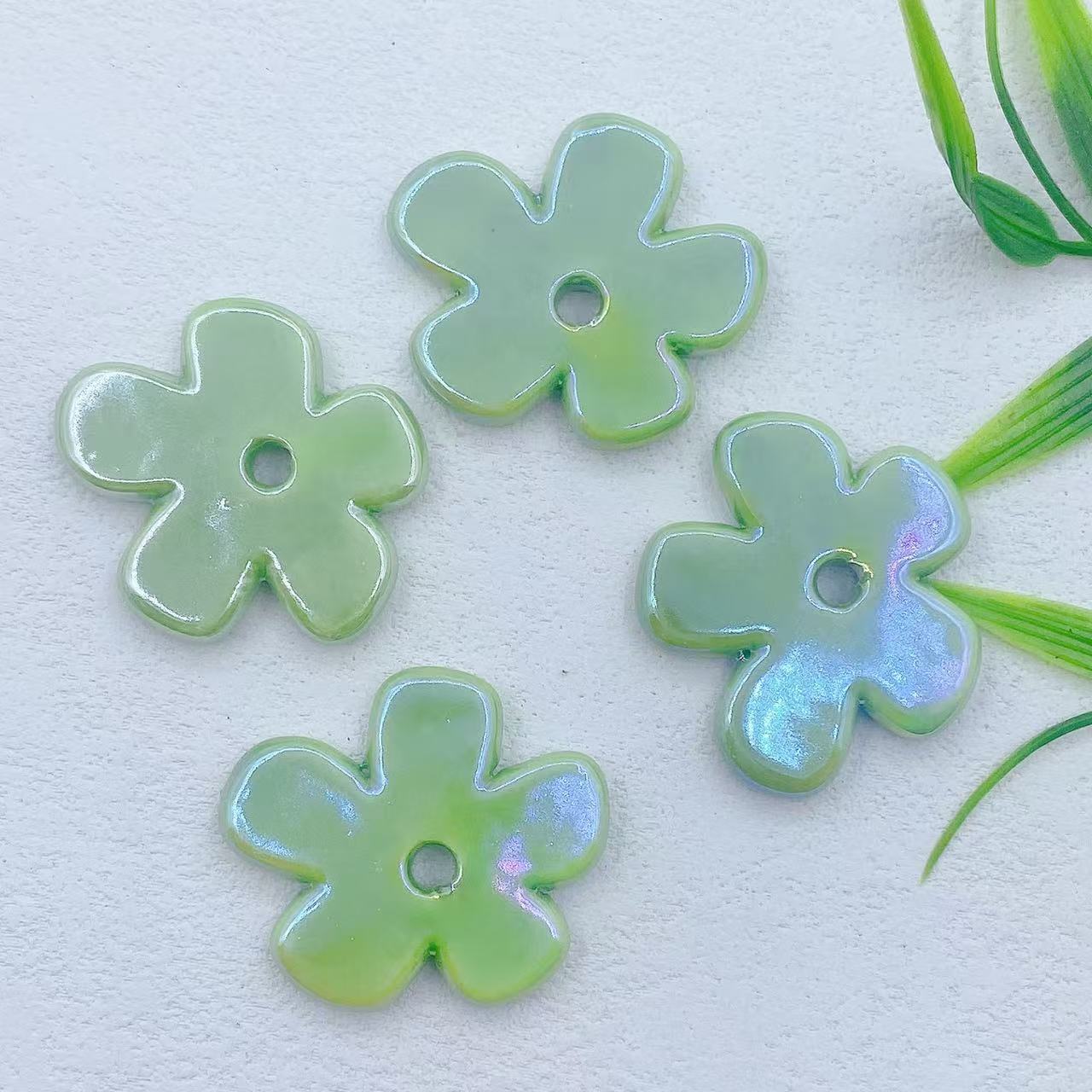 Flat Five-petal Flower Ceramic Beads 36mm Colorful Glazed 10pcs 12
