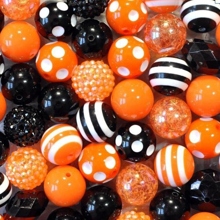 Bubblegum Beads 20mm Black Orange White Pattern Chunky Mix 50pcs