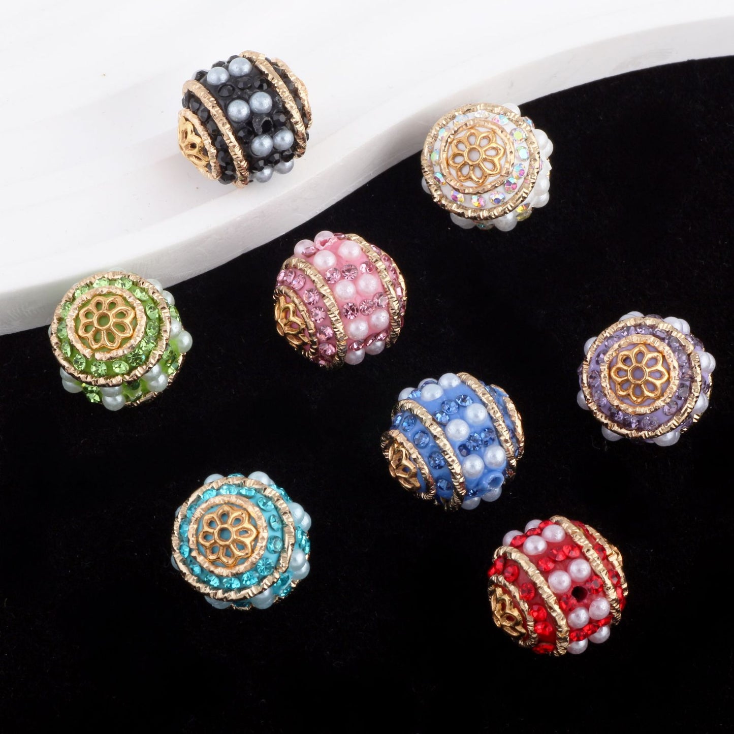 Vintage Nepal 15mm Rhinestone Beads Artificial Pearl Embedded 6pcs