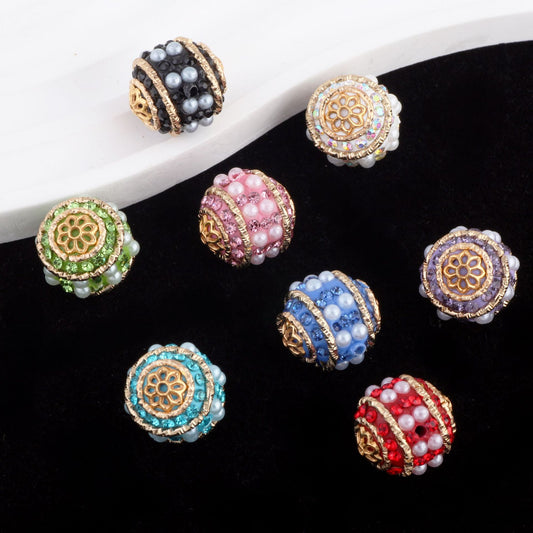 Vintage Nepal 15mm Rhinestone Beads Artificial Pearl Embedded 6pcs