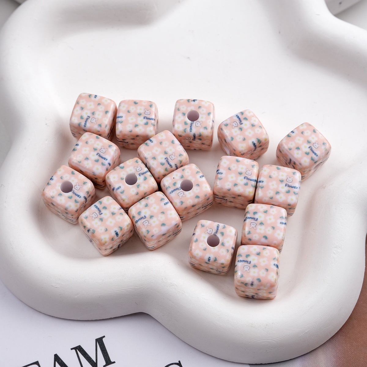 Vintage Spring Floral Plaid Square Acrylic Beads 13mm 50pcs 11