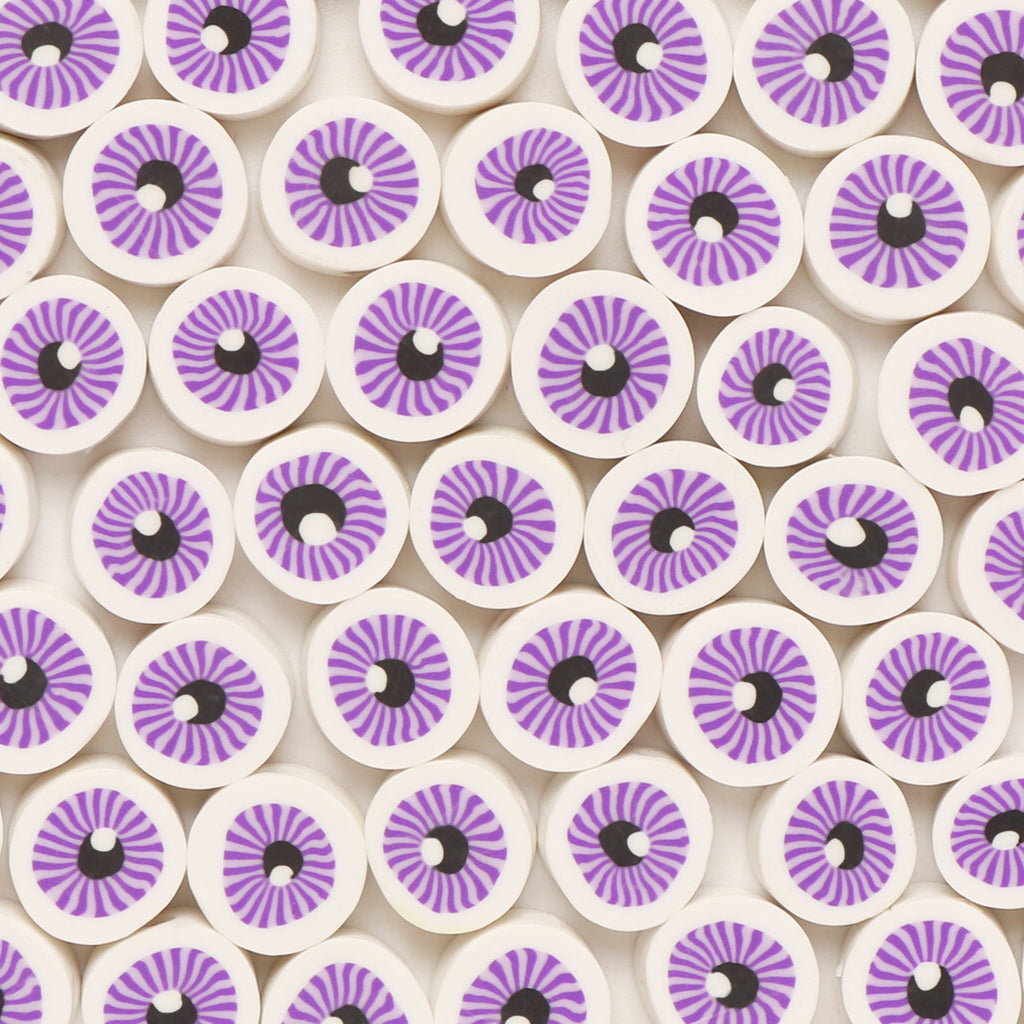 Flat Round Clay Beads 10mm Purple Eyes Pattern Polymer 100pcs