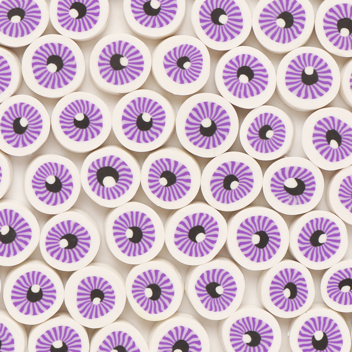 Flat Round Clay Beads 10mm Purple Eyes Pattern Polymer 100pcs
