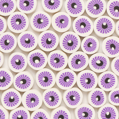 Flat Round Clay Beads 10mm Purple Eyes Pattern Polymer 100pcs