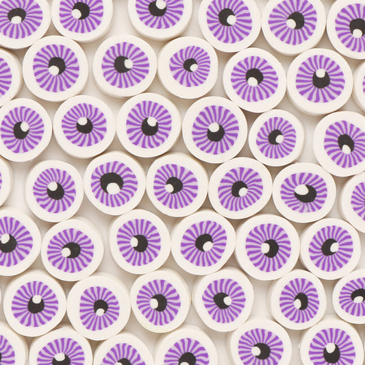 Flat Round Clay Beads 10mm Purple Eyes Pattern Polymer 100pcs