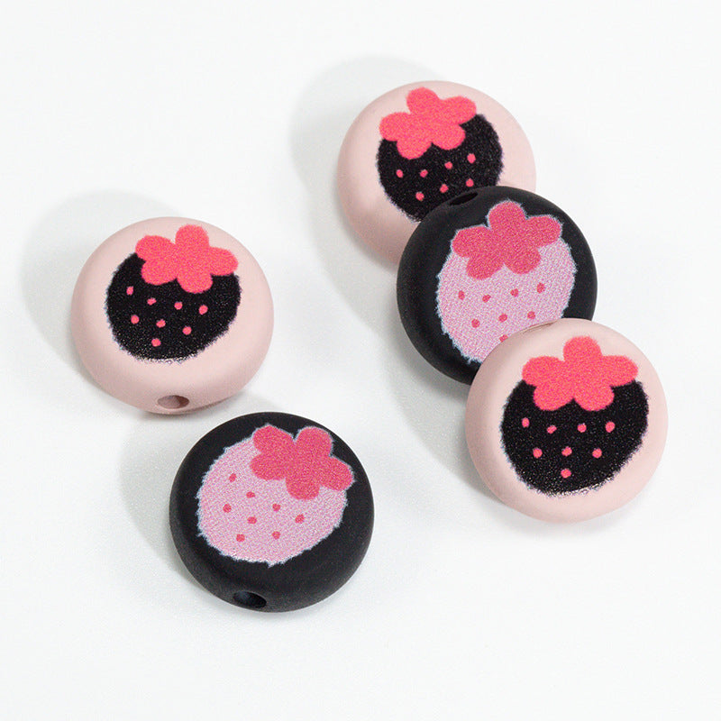 Flat Acrylic Beads 17mm Black Pink Strawberry Printed 20pcs 5