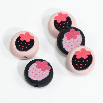 Flat Acrylic Beads 17mm Black Pink Strawberry Printed 20pcs 5