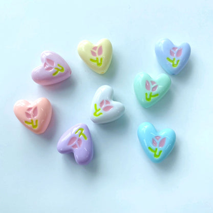 Hand Painted Heart Acrylic Beads 20mm Summer Tulip Pastel 100pcs 14