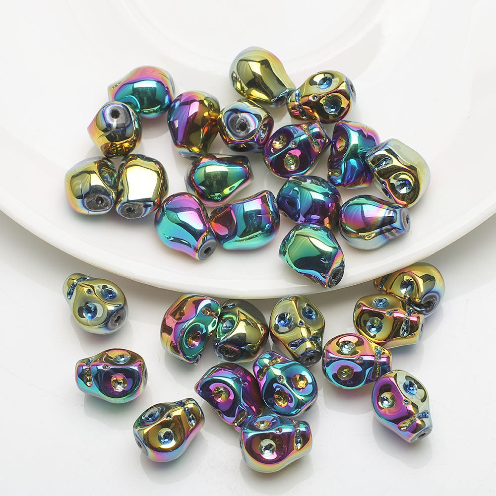 Electroplated Skull Glass Beads 8X10mm Vintage Iridescent Chrome 30pcs 19