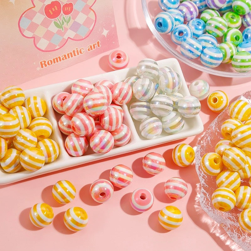 UV Plating Striped Resin Beads 11mm Glossy Round 20pcs