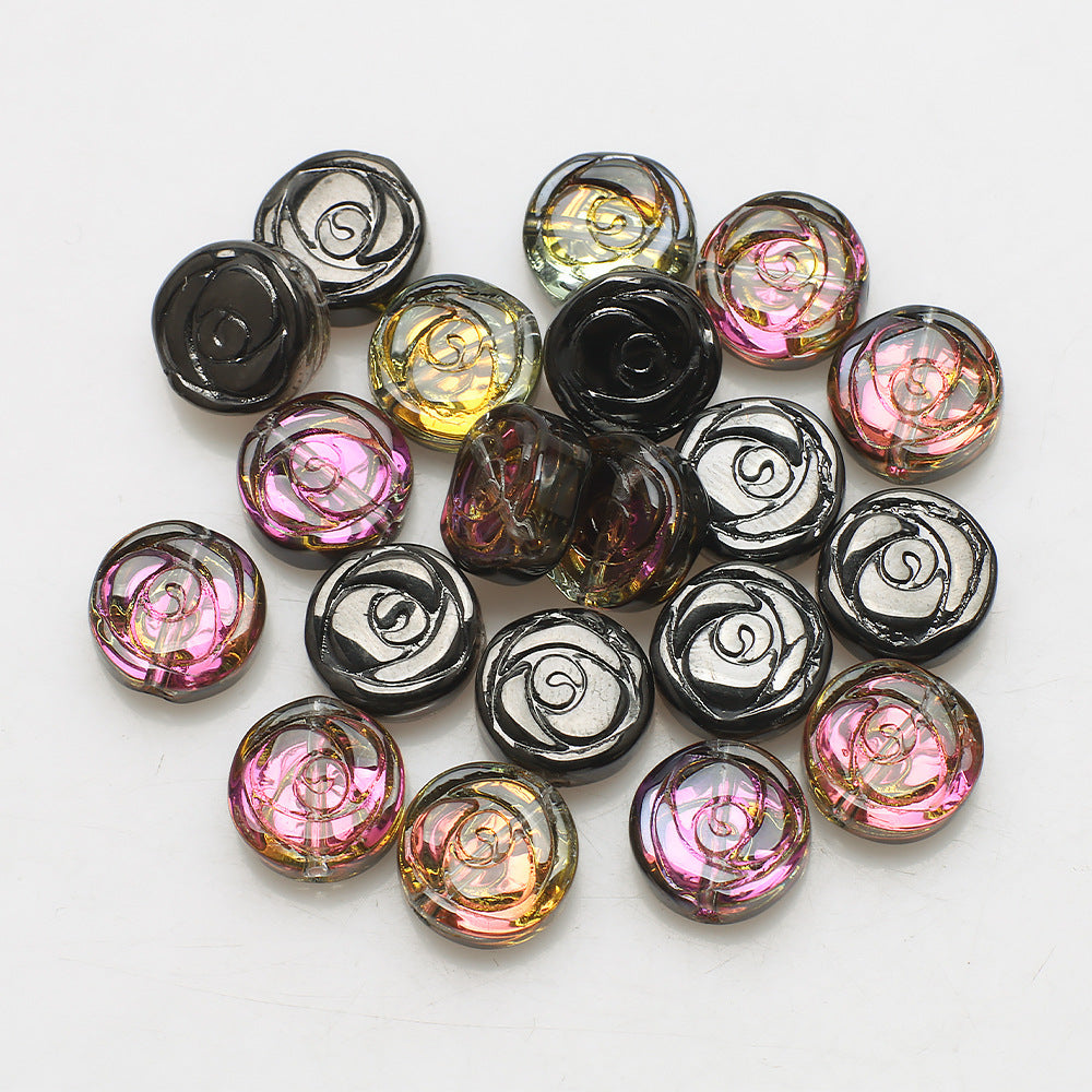 Rose Plated Glass Beads 10mm Glossy Spiral Floral Design 30pcs 7