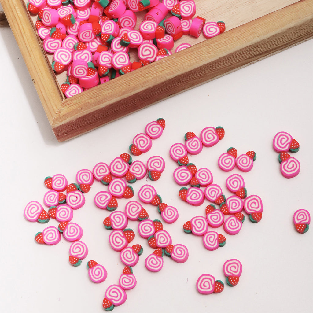 Flat Clay Beads 11mm Strawberry Cake Pink Swirl 100pcs 3