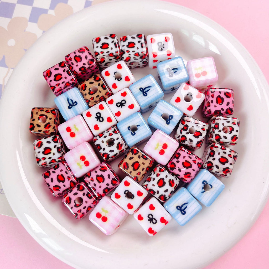 Leopard Bow Print Acrylic Square Beads 14mm Colorful Glossy 10pcs 2