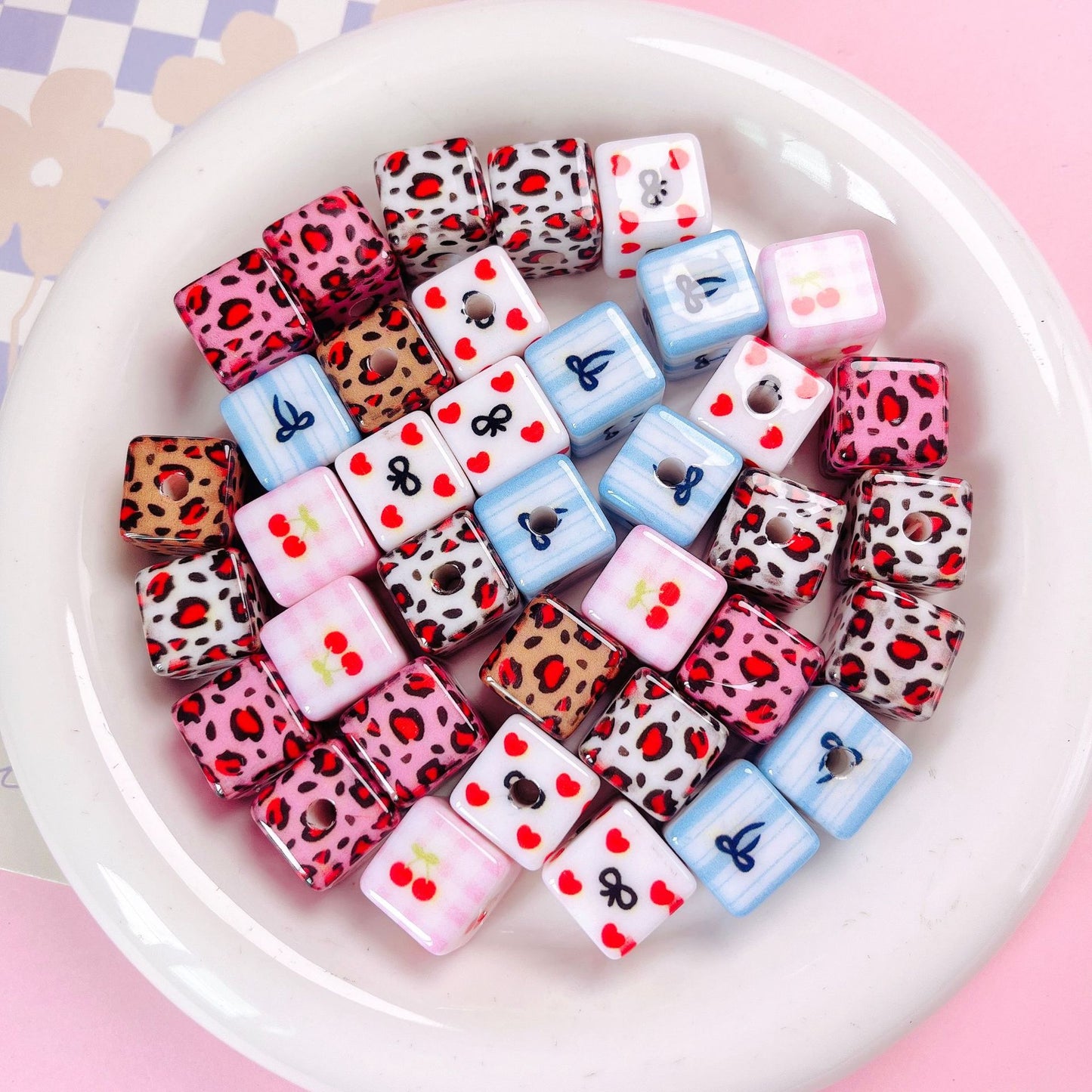 Leopard Bow Print Acrylic Square Beads 14mm Colorful Glossy 10pcs 2