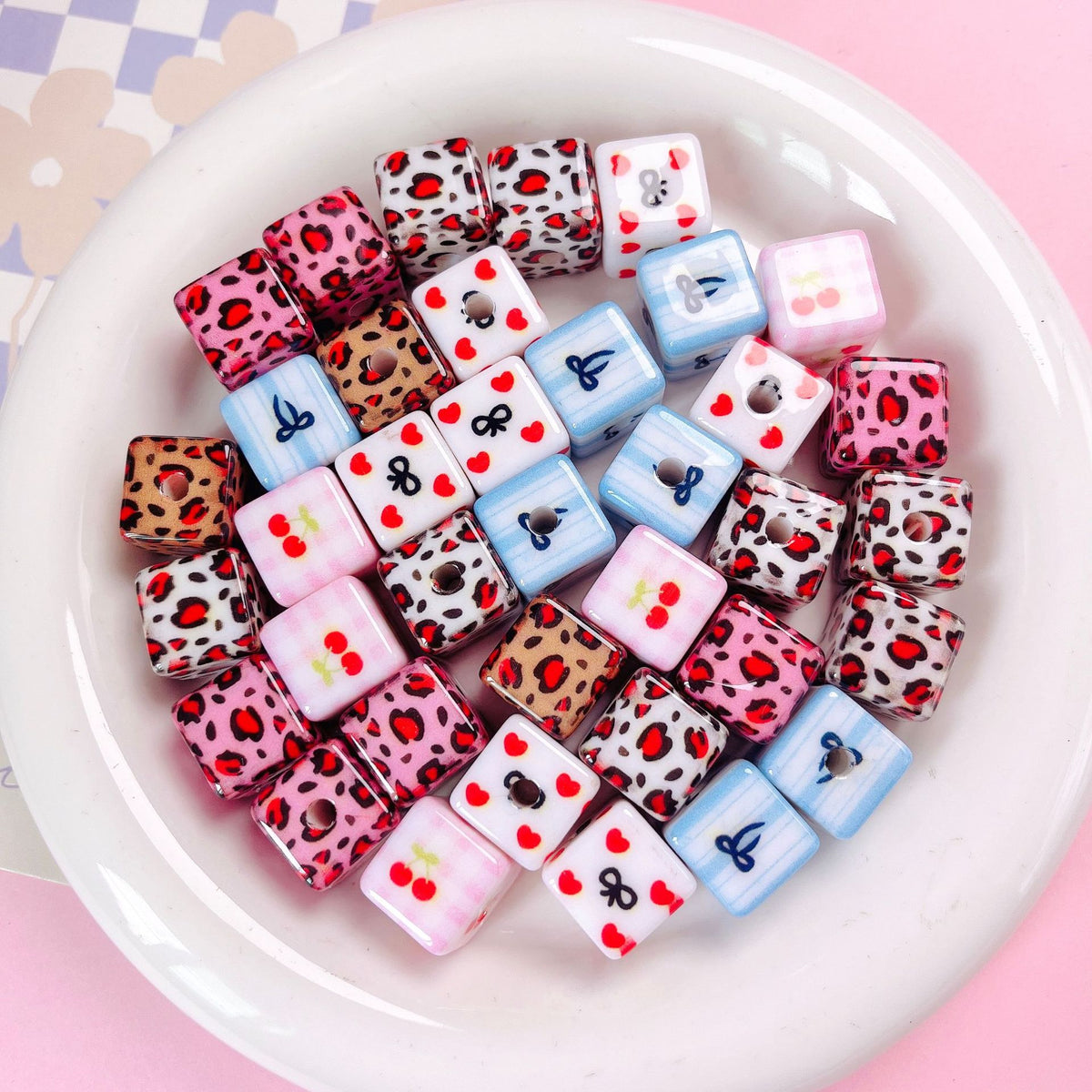 Leopard Bow Print Acrylic Square Beads 14mm Colorful Glossy 10pcs 2