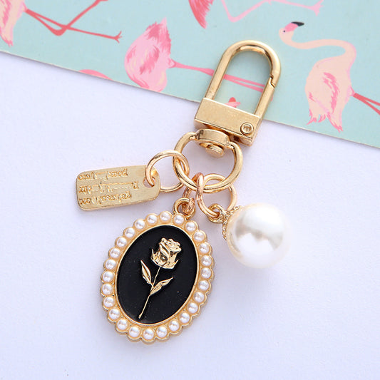 Vintage Gold Rose Pearl Keychain Zinc Alloy Black White 2
