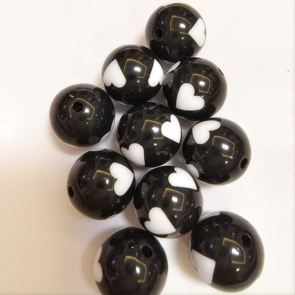 Printed Bubblegum Beads 20mm Black Heart Design 10pcs 3
