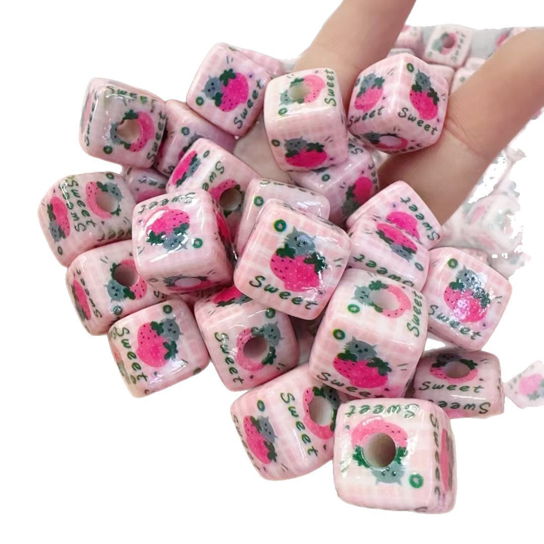 Pink Strawberry Printed Acrylic Square Beads 14mm 50pcs 5